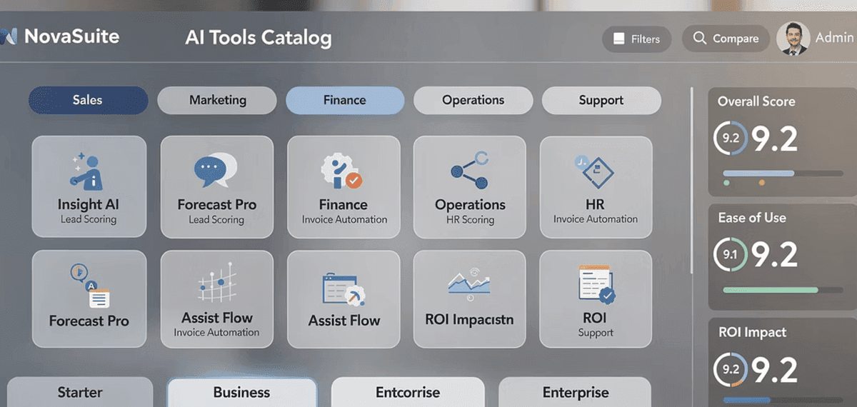 Raster mit KI-Tool-Icons geordnet nach Unternehmenskategorie auf einem modernen Dashboard