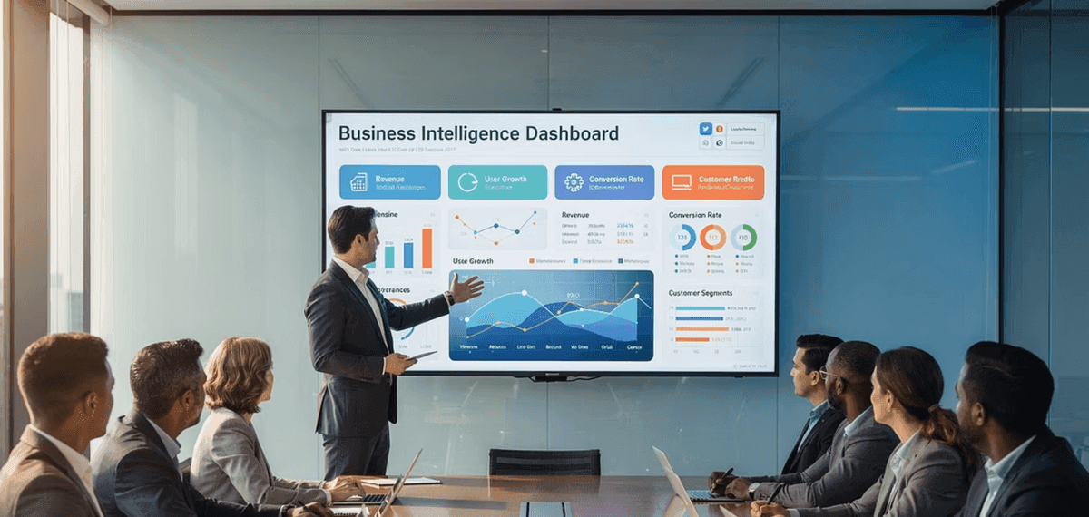 Unternehmens-Dashboard mit KPIs und den vier Perspektiven der Balanced Scorecard auf einem Business-Intelligence-Monitor