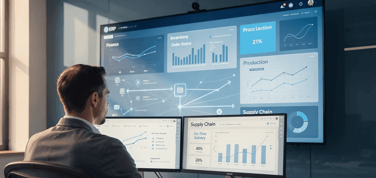 Executive team analyzing an ERP system on screen with integrated finance, inventory and production modules