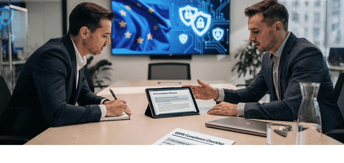 Fachkraft prüft DSGVO- und AI-Act-Compliance-Dokumentation zum Datenschutz in einem Unternehmensumfeld