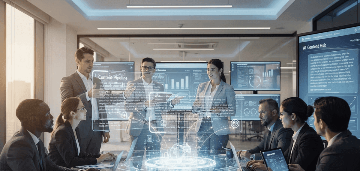 Geschäftsteam interagiert mit generativen KI-Schnittstellen in einem modernen Büro mit Bildschirmen, die Datenanalysen und generierten Inhalt anzeigen